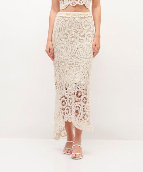 saia midi de crochet arabescos bege