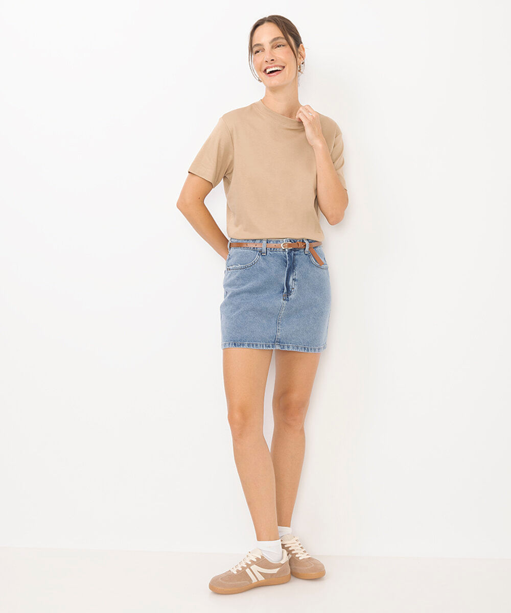 minissaia jeans feminina com cinto azul