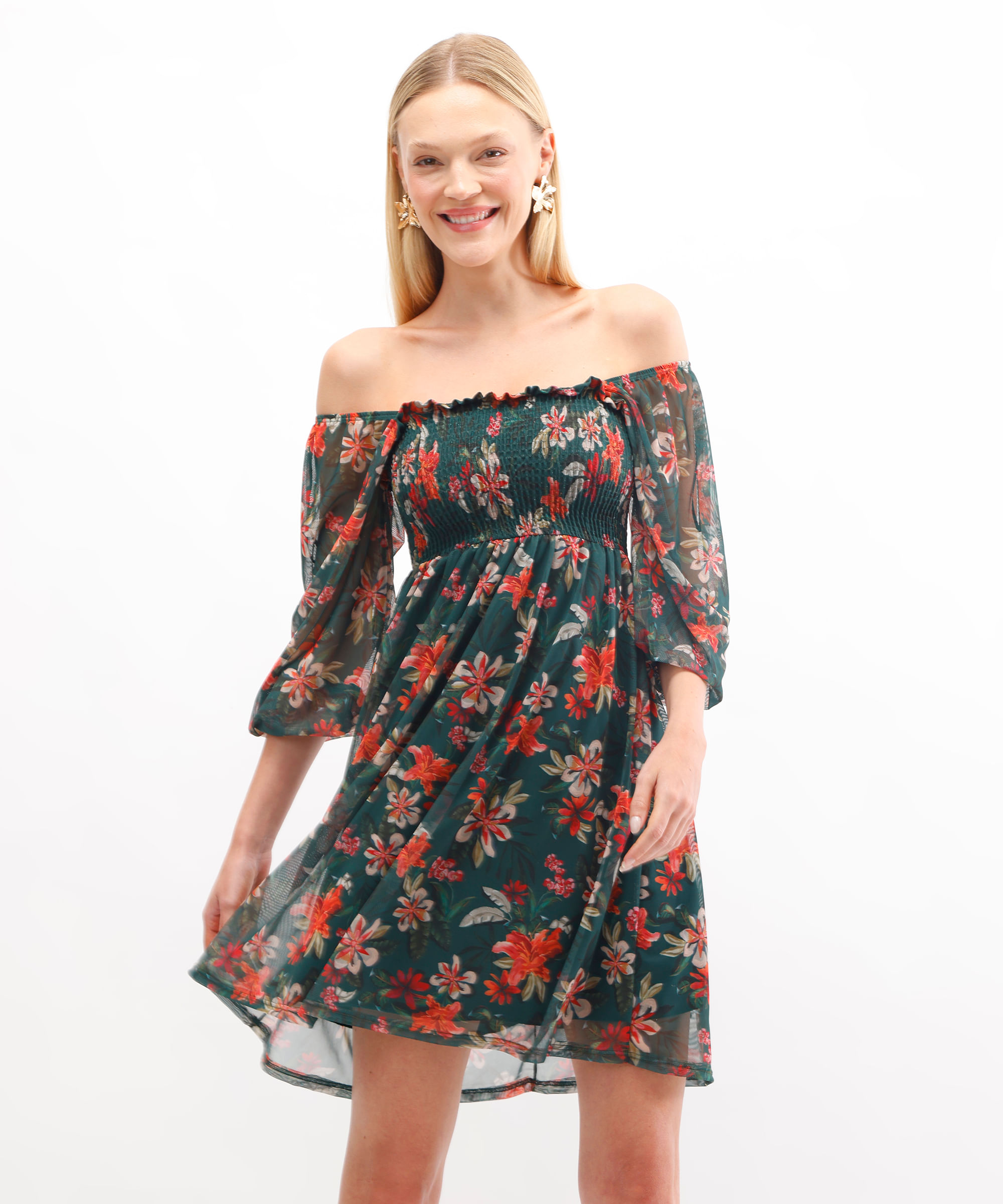 Vestido curto feminino de tule floral verde