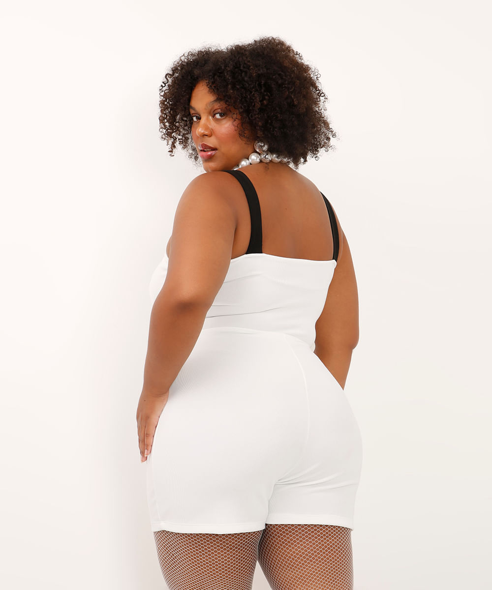 macaquinho canelado com laços plus size - off white