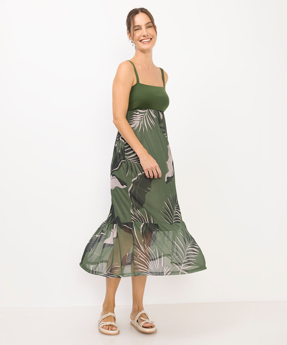 vestido midi feminino de tule folhagem verde