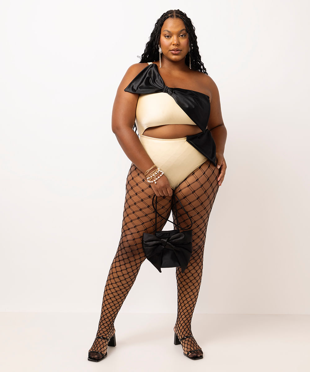 body ombro único acetinado com laços plus size amarelo