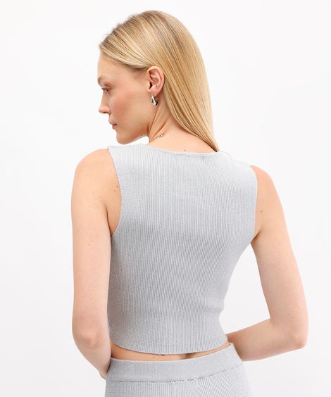 cropped de tricot com lurex canelado prateado