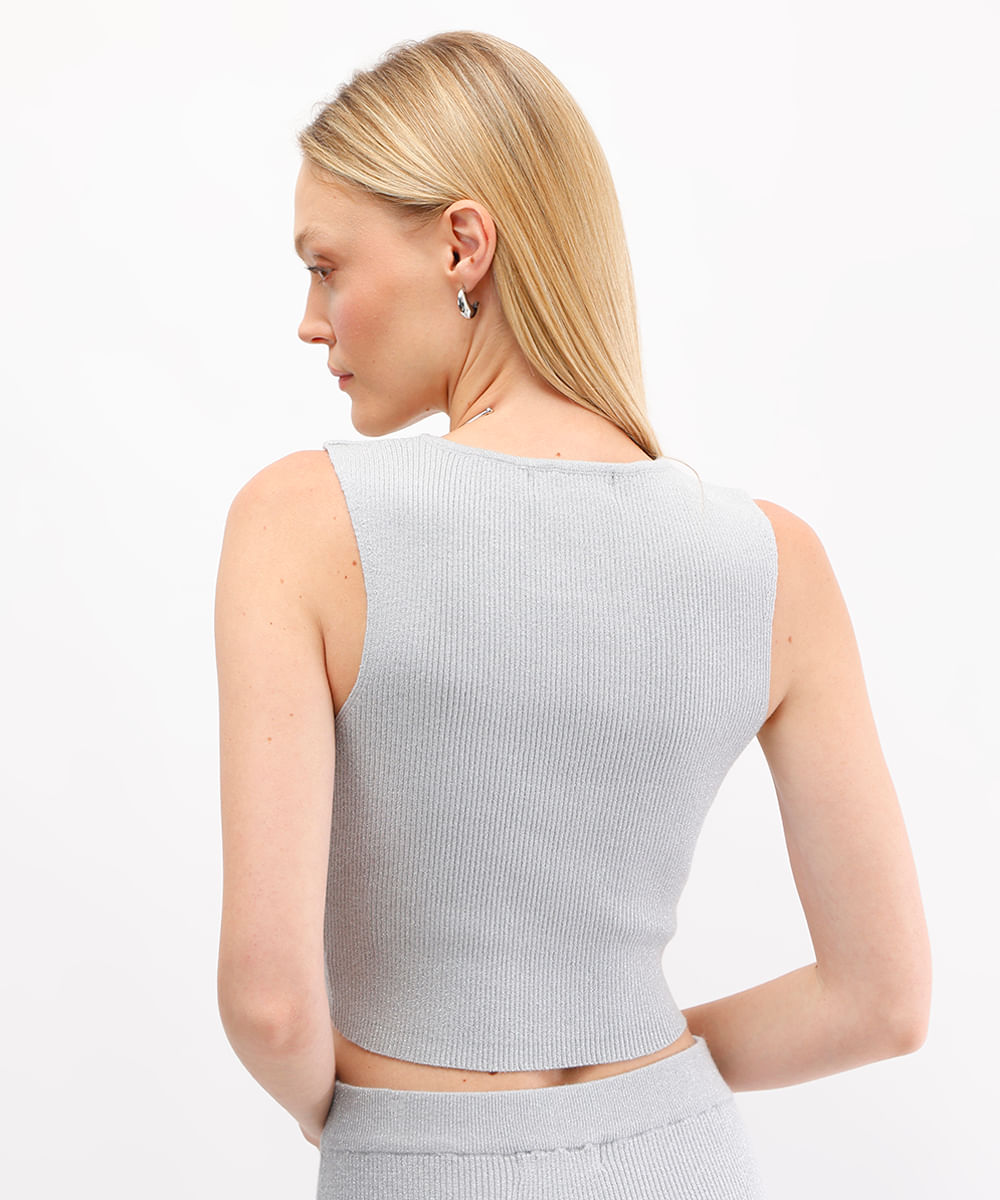 cropped de tricot com lurex canelado prateado