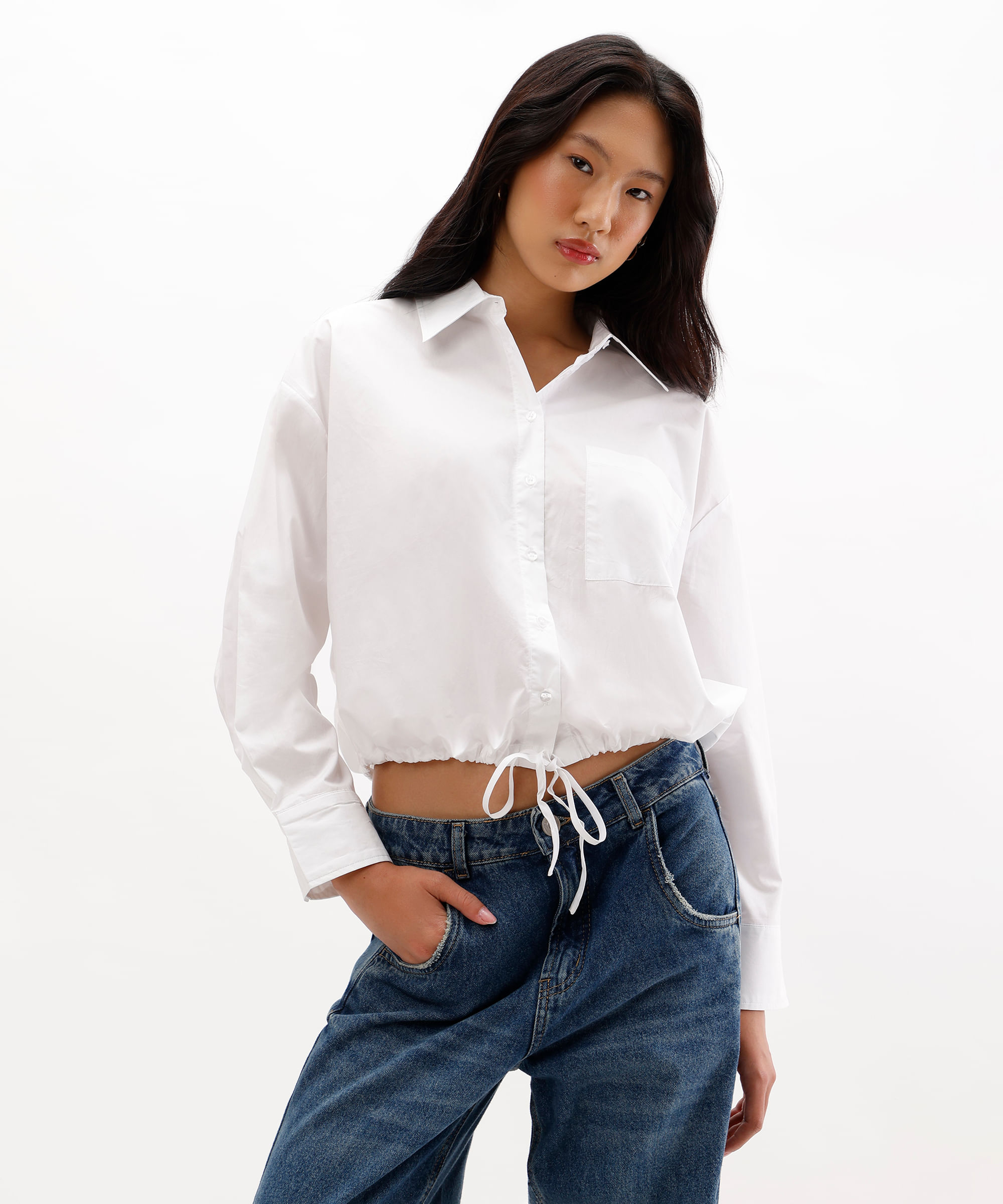 camisa feminina de algodão amarração na barra off white