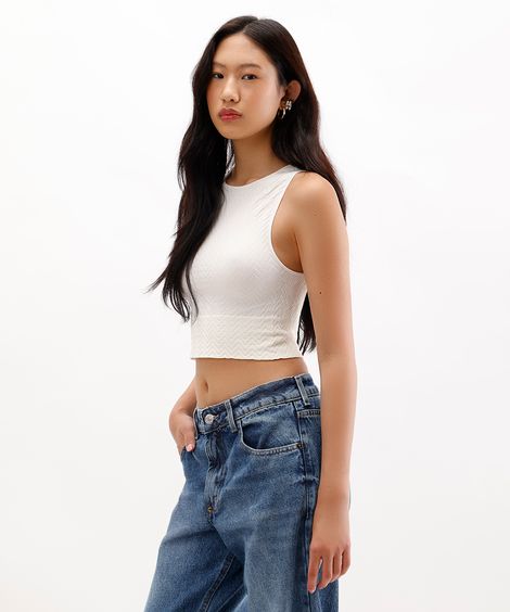 cropped feminino alongado de poliamida chevron off white