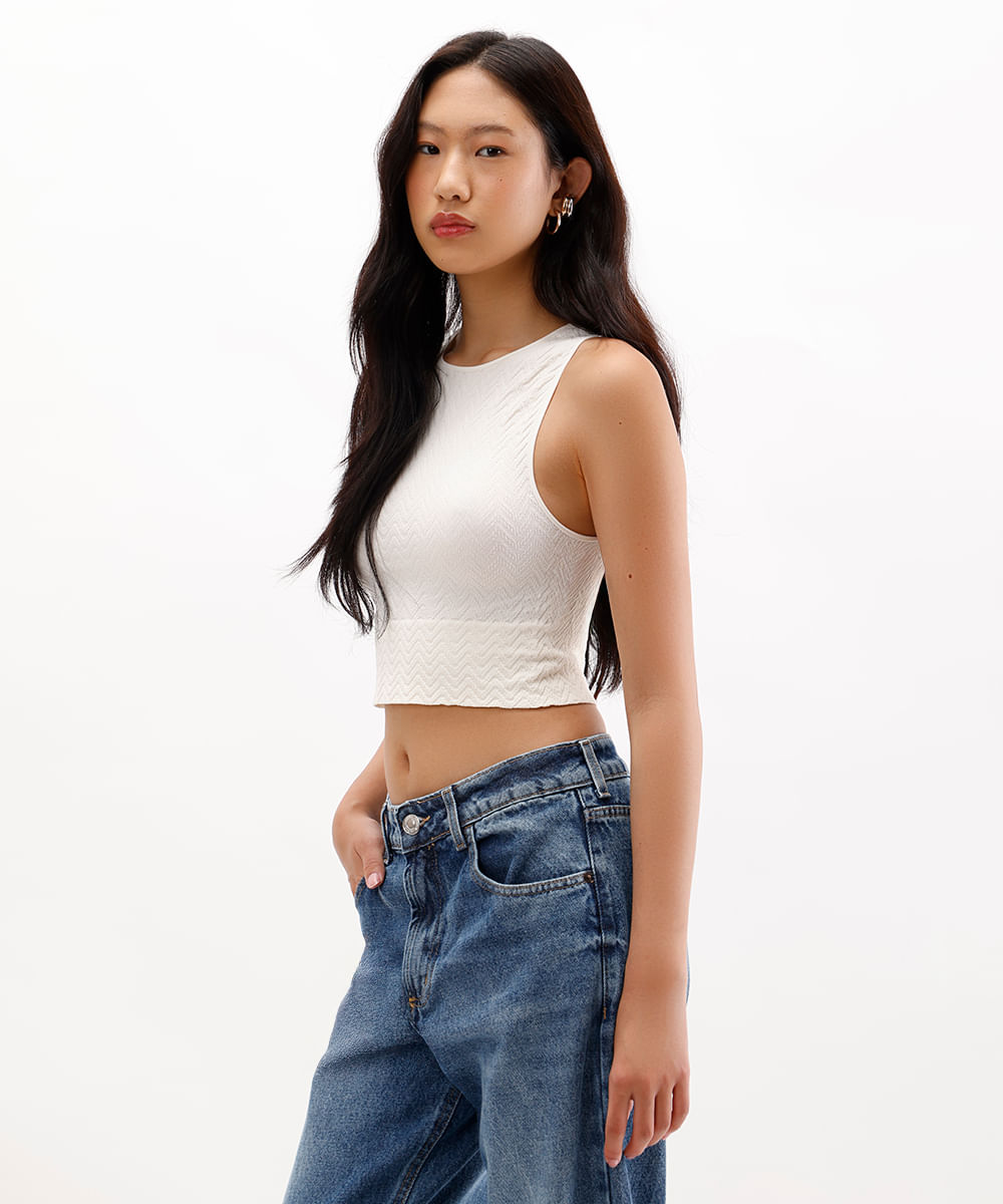 cropped feminino alongado de poliamida chevron off white