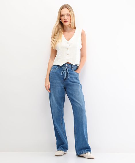 calça wide leg feminina jeans com cordão azul
