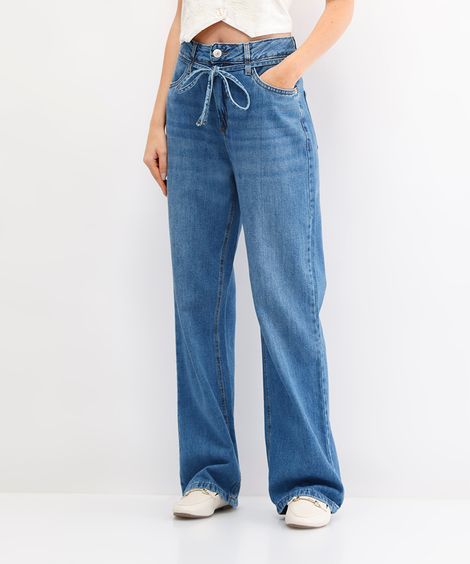 calça wide leg feminina jeans com cordão azul