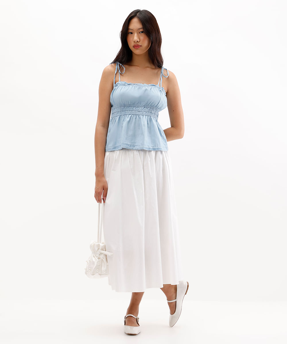 bata feminina jeans alça fina com amarração azul