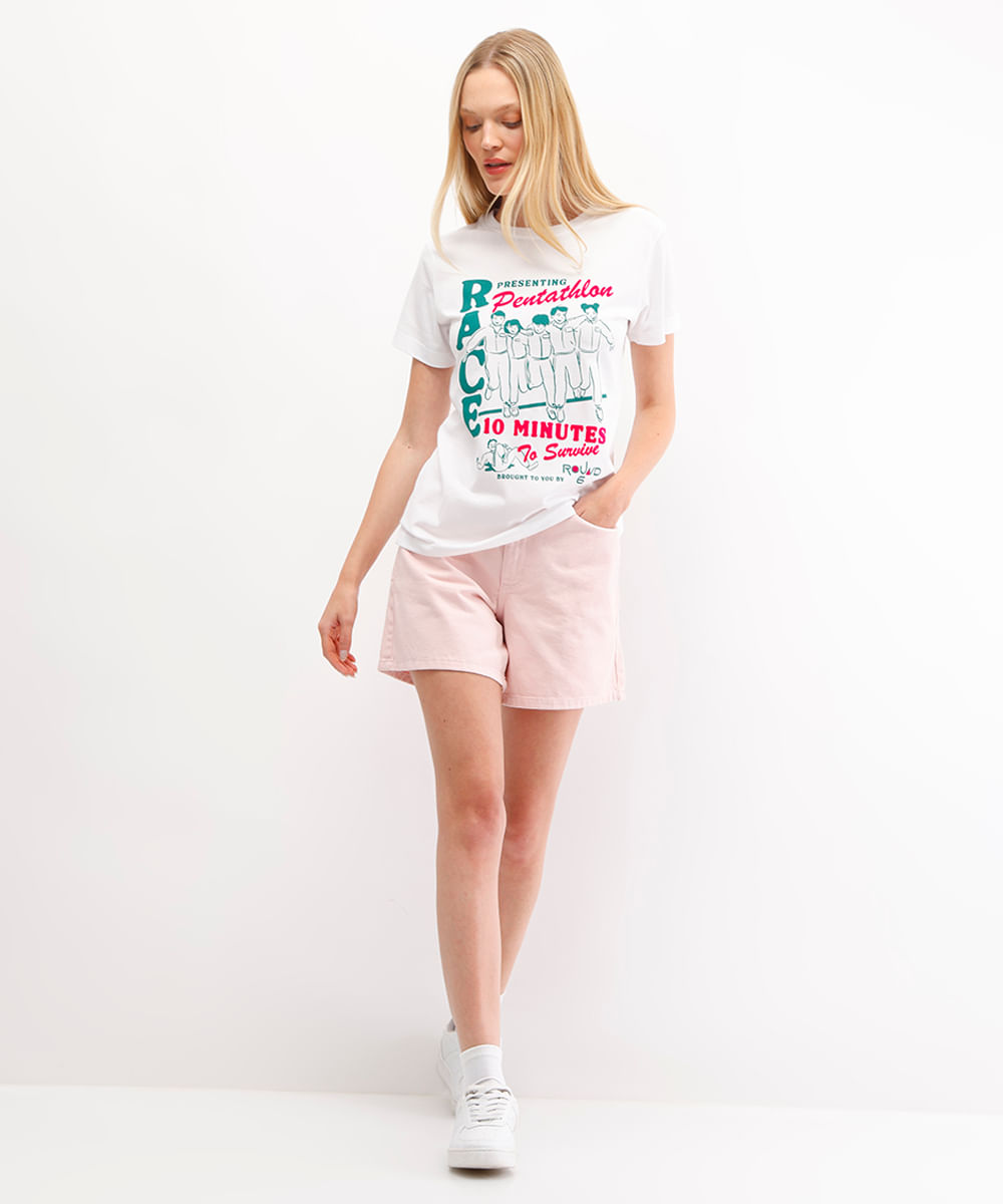 camiseta feminina de algodão round 6 off white