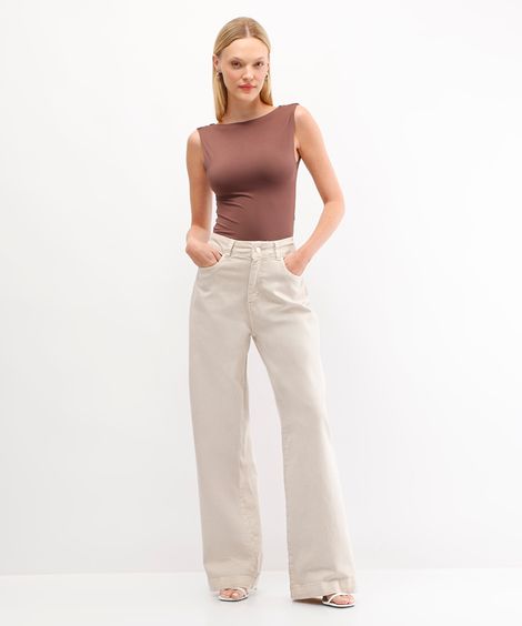 calça wide leg de sarja feminina sawary bege