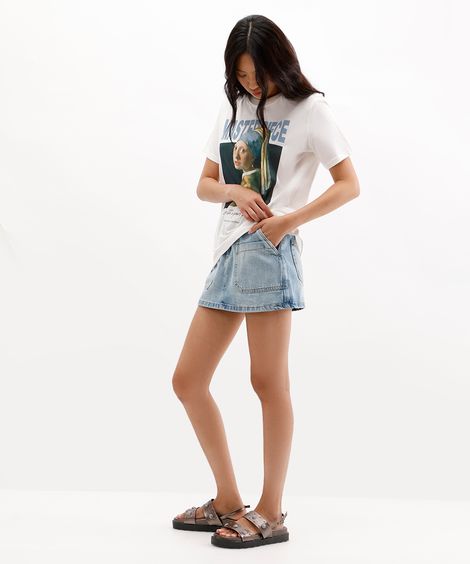 short saia feminino jeans cintura alta azul