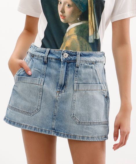 short saia feminino jeans cintura alta azul