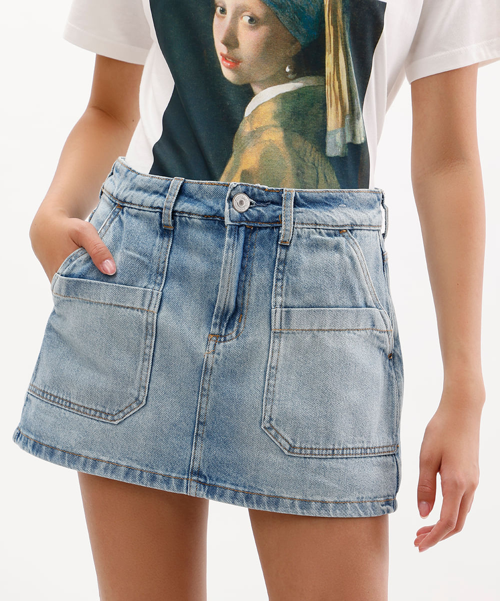 short saia feminino jeans cintura alta azul