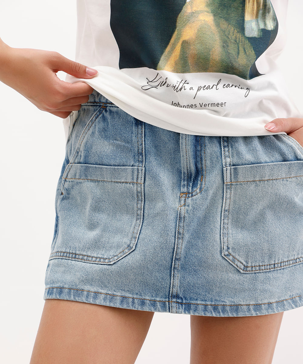 short saia feminino jeans cintura alta azul