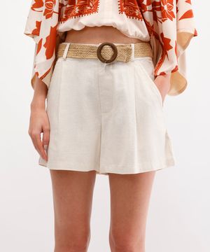 short com linho cintura alta e cinto bege