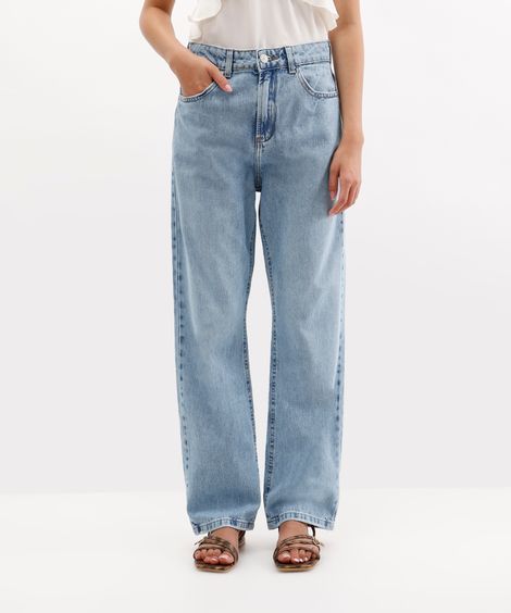 calça reta feminina jeans cintura média azul