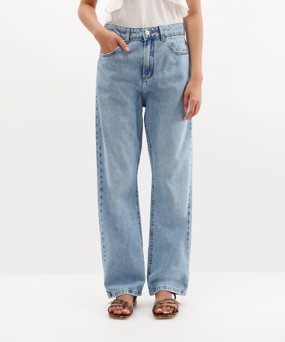 calça reta feminina jeans cintura média azul