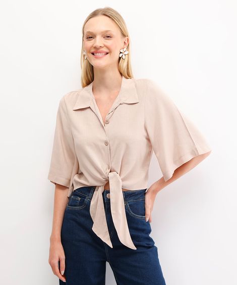 camisa cropped feminina de viscose com amarração bege