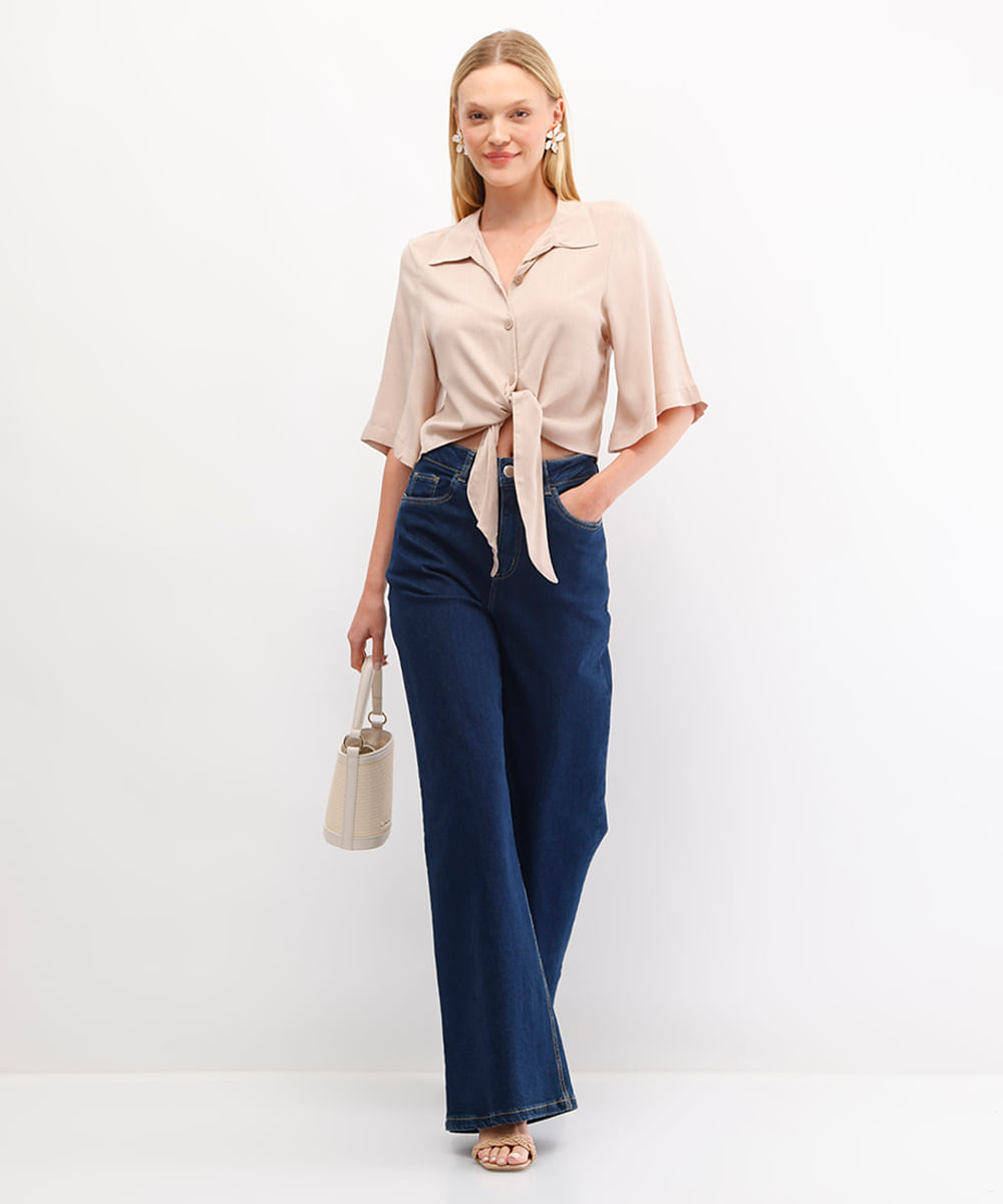 camisa cropped feminina de viscose com amarração bege