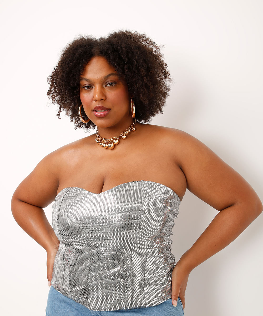 top corset sem alça metalizado plus size prateado