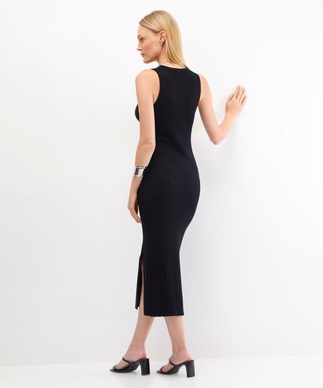vestido midi feminino de tricot com fenda preto