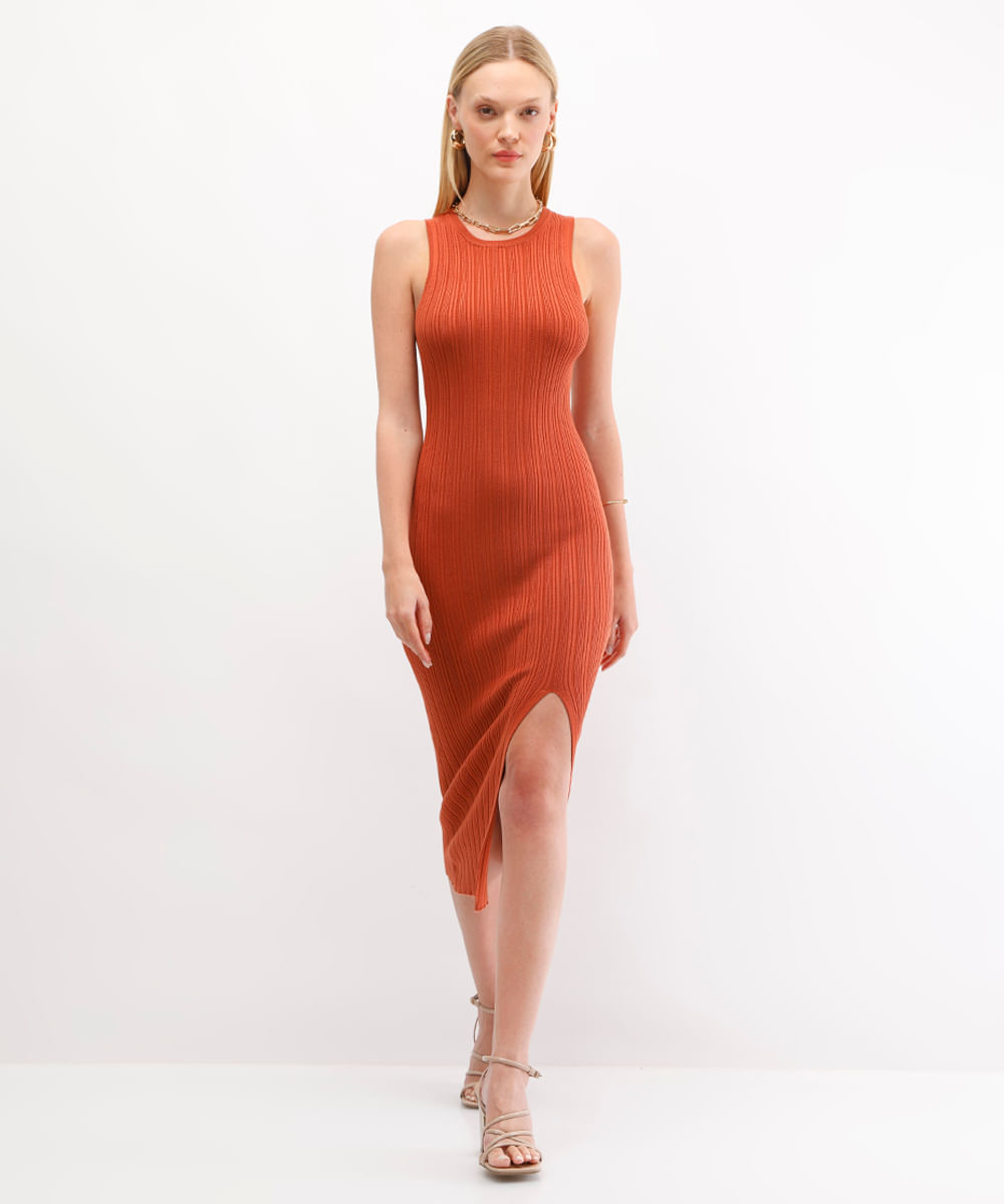 vestido midi feminino de tricot com fenda laranja
