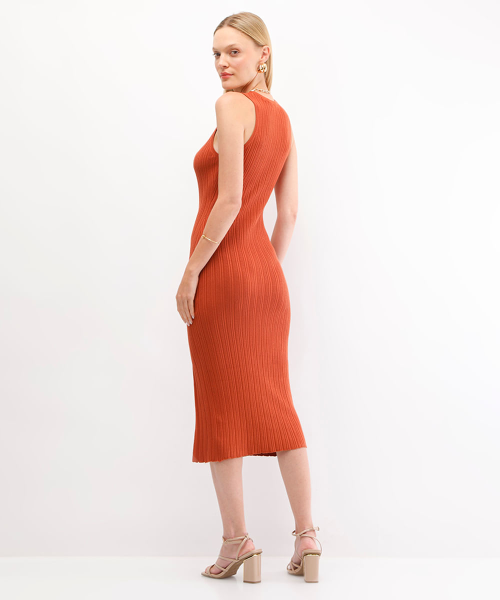 vestido midi feminino de tricot com fenda laranja