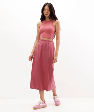 saia midi feminina básica com fenda rosa