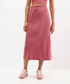 saia midi feminina básica com fenda rosa