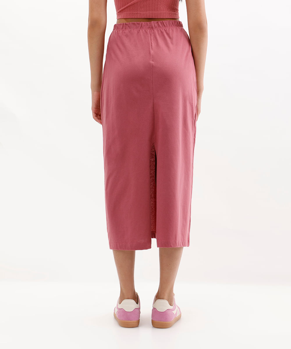 saia midi feminina básica com fenda rosa