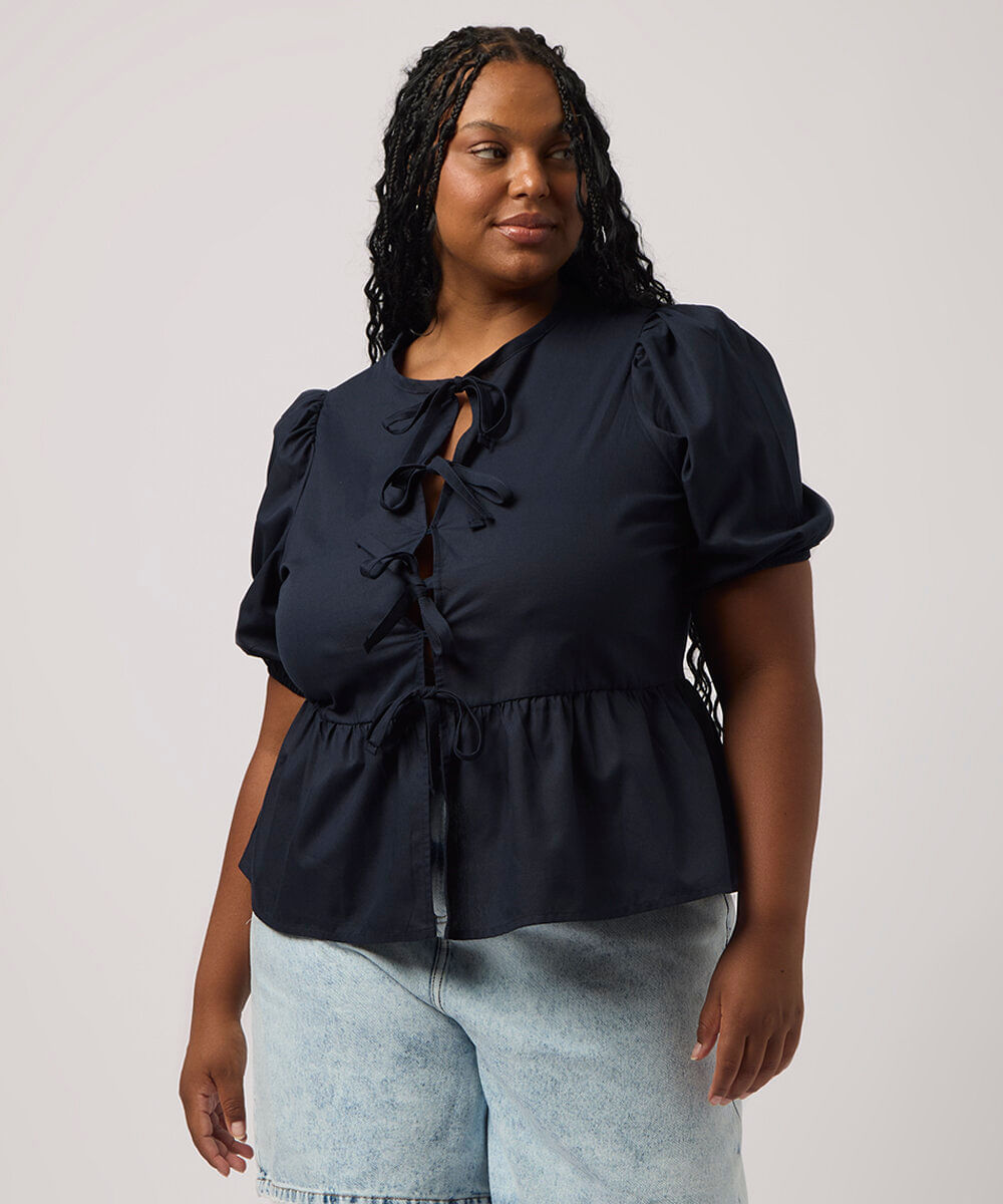 blusa manga bufante com amarração plus size azul