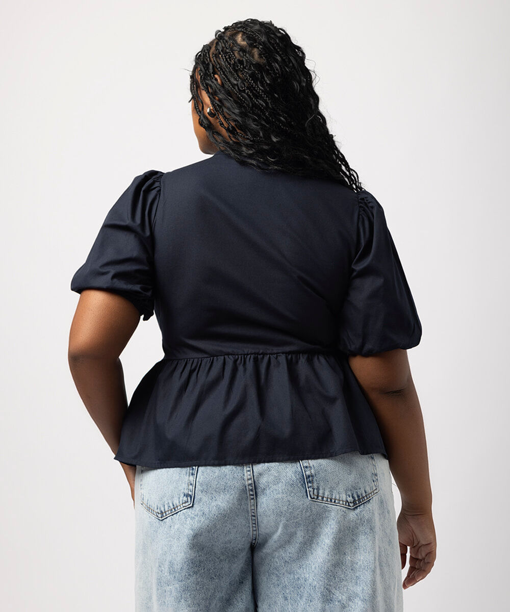 blusa manga bufante com amarração plus size azul