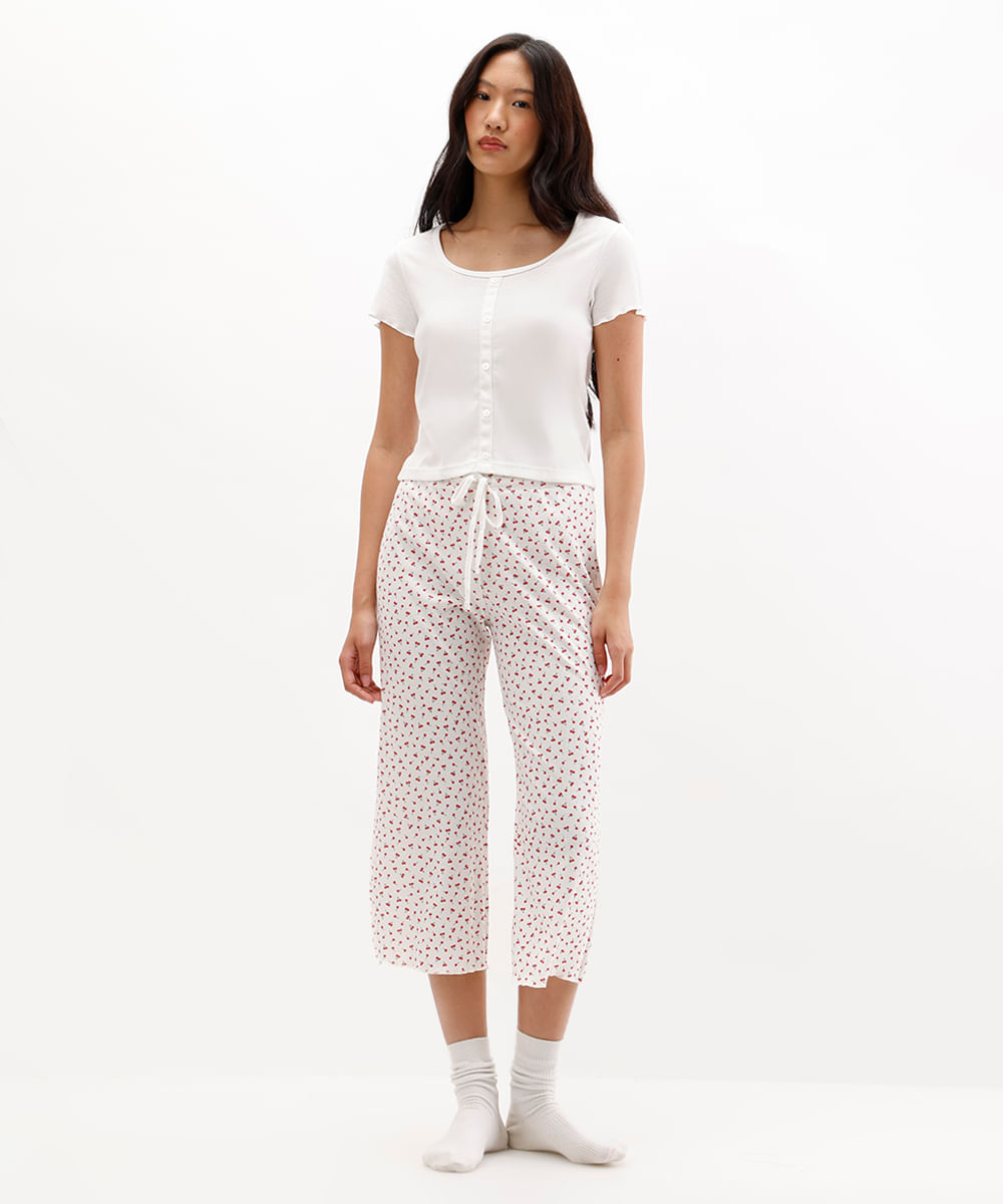 pijama longo feminino cerejas canelado off white