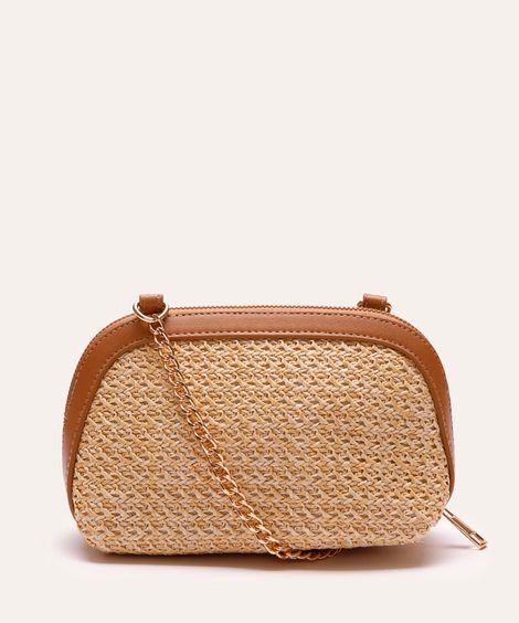 bolsa transversal de palha alça corrente bege
