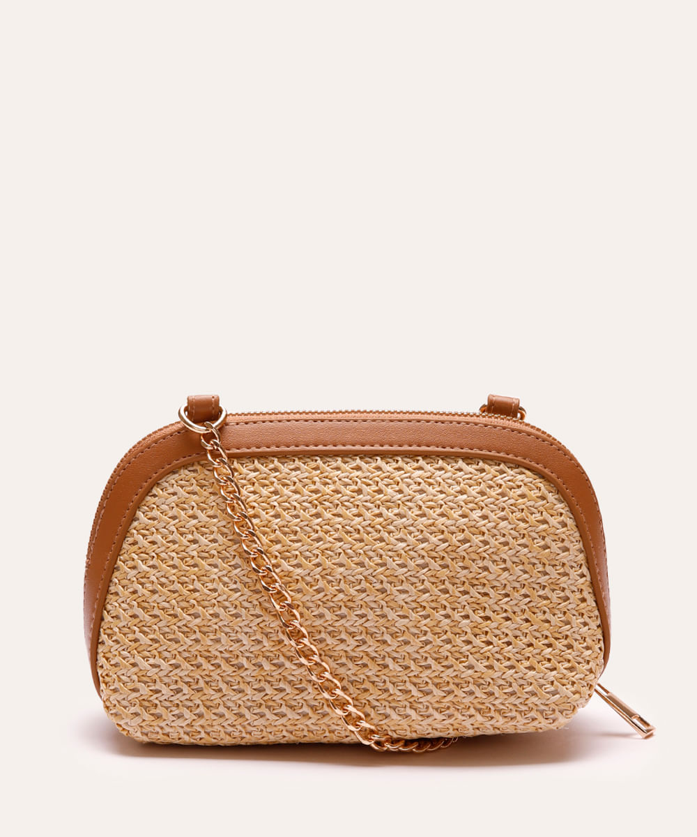 bolsa transversal de palha alça corrente bege