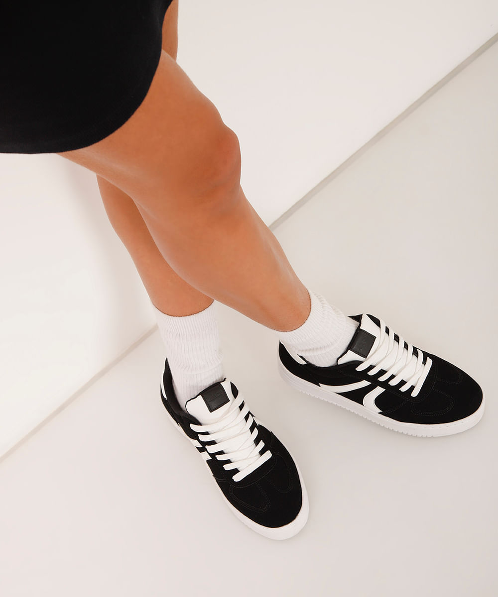tênis casual de suede flatform preto