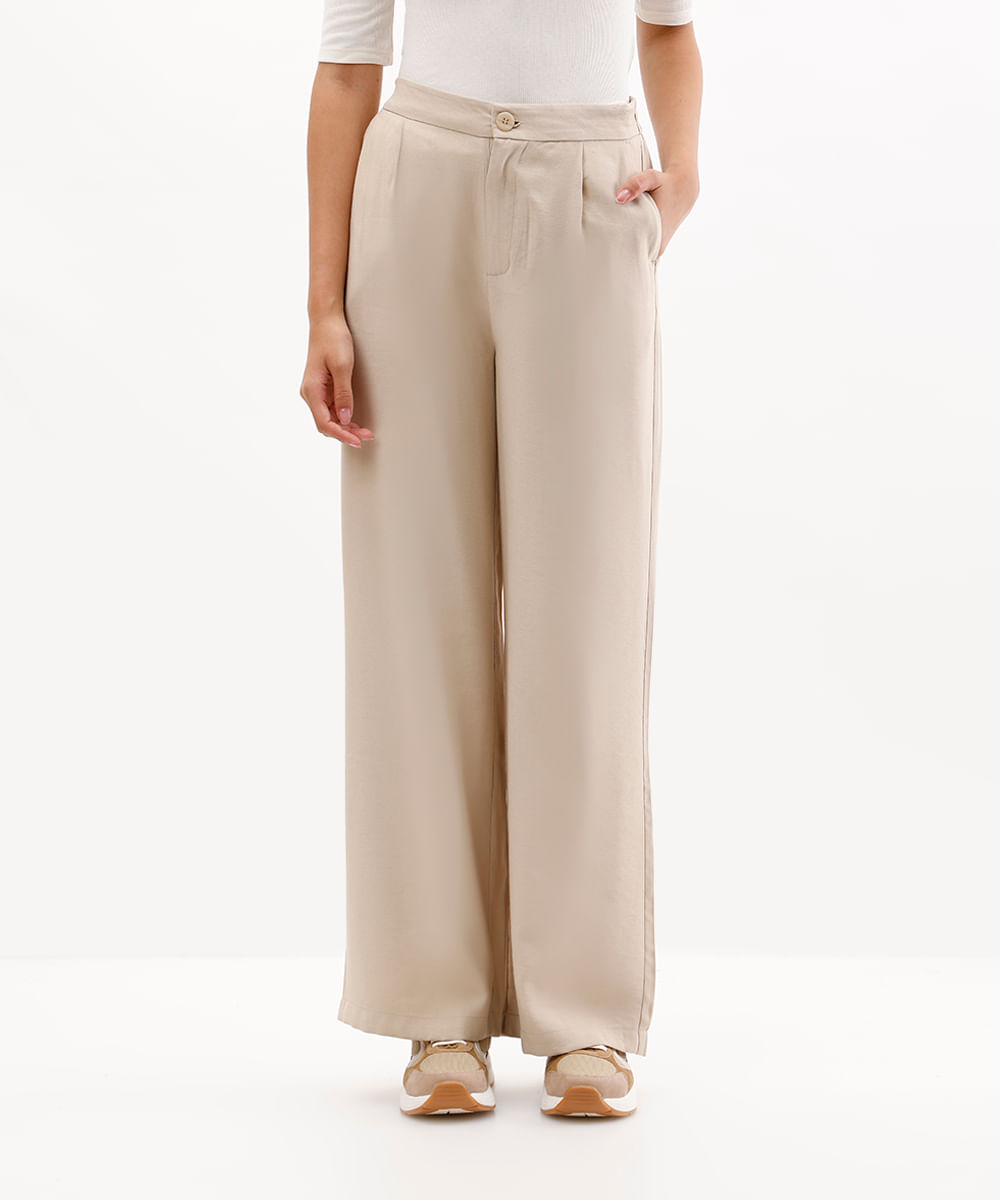 calça feminina wide leg de viscose com pregas bege