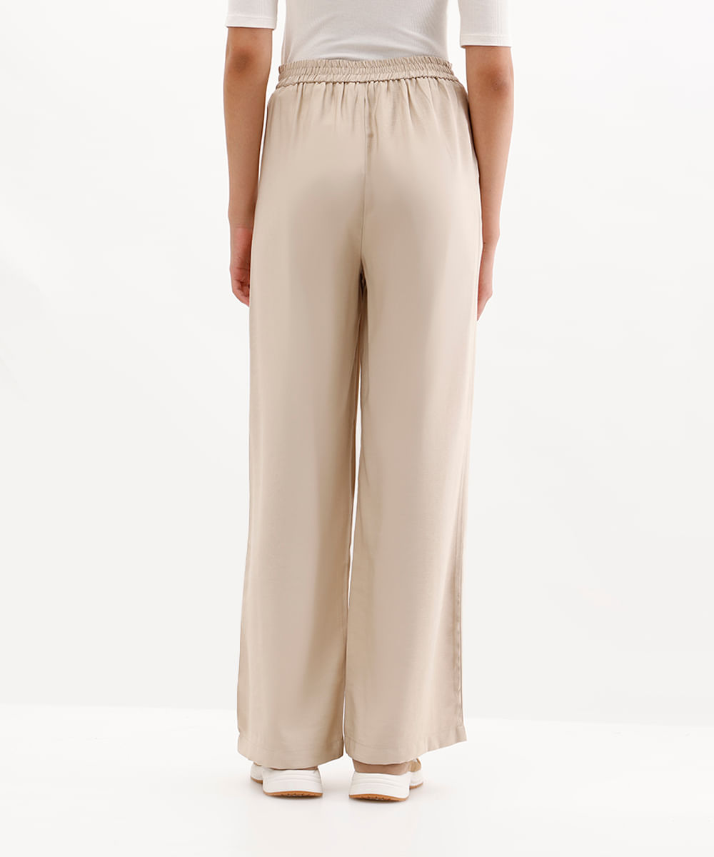 calça feminina wide leg de viscose com pregas bege