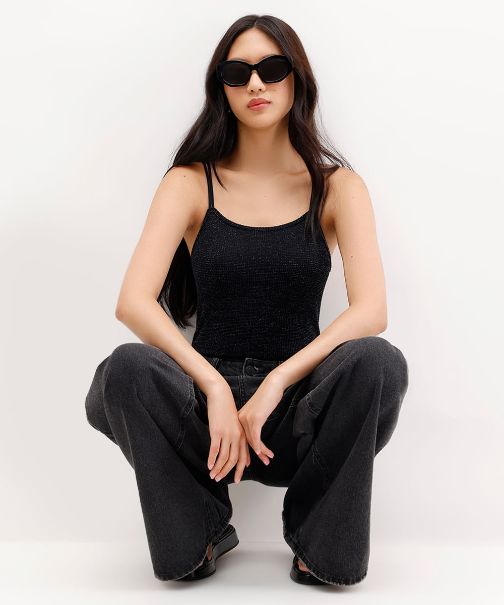 body feminino com lurex canelado preto