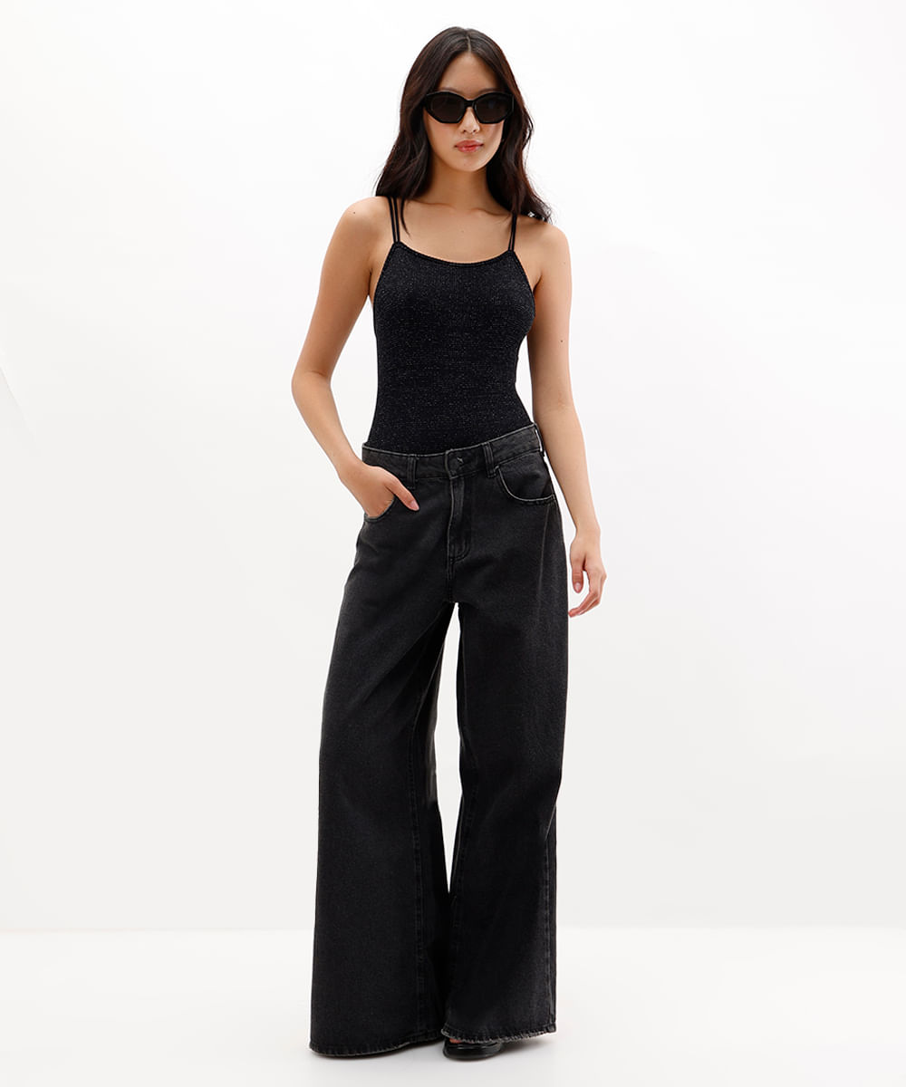body feminino com lurex canelado preto