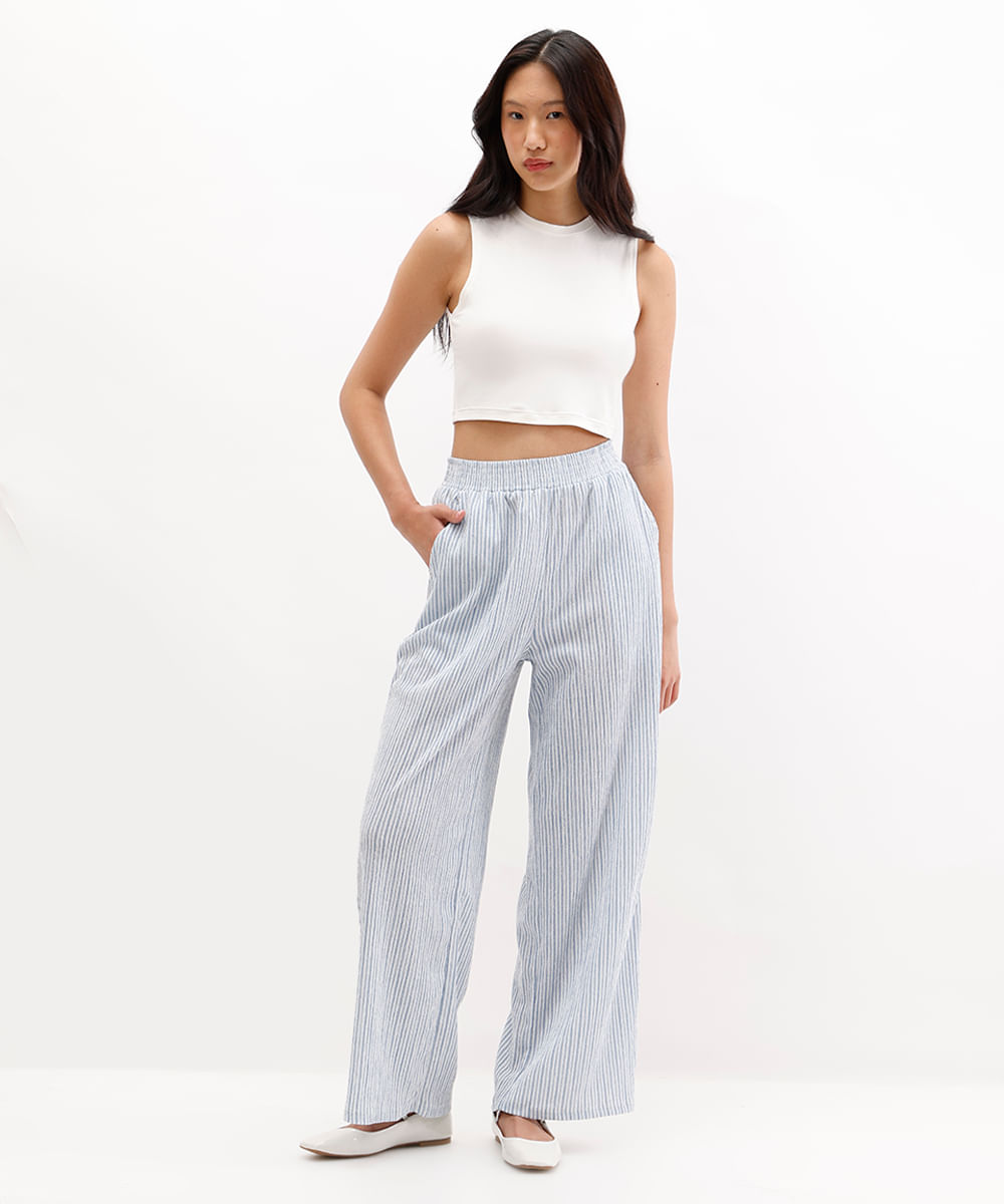 calça wide leg listrada texturizada azul