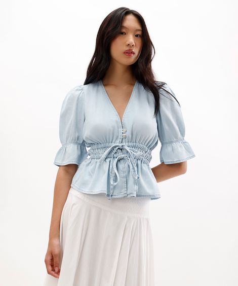 blusa feminina jeans manga bufante azul