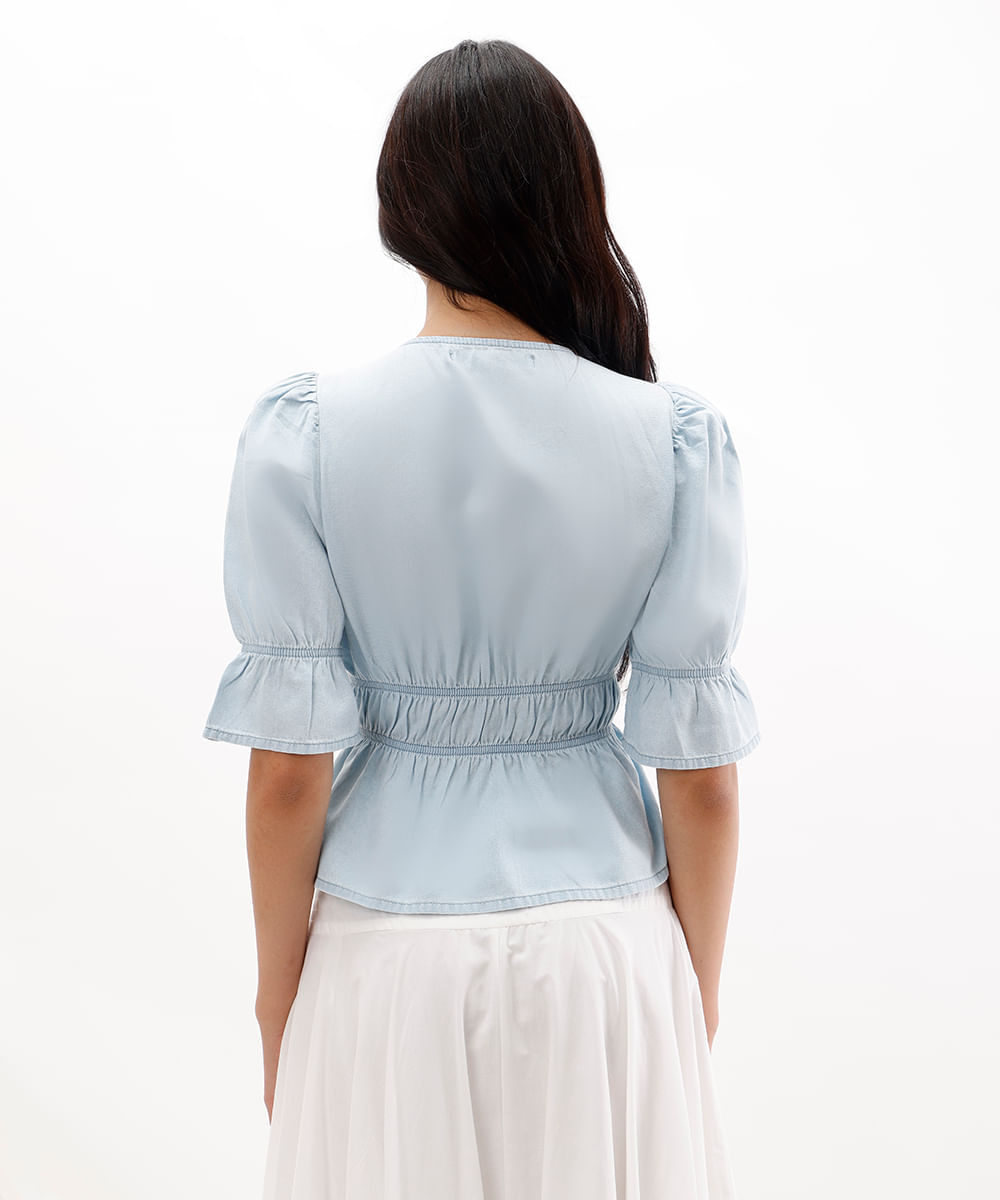 blusa feminina jeans manga bufante azul