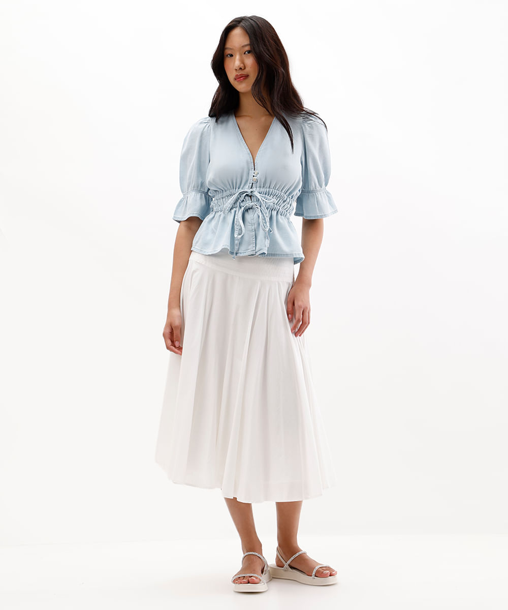 blusa feminina jeans manga bufante azul