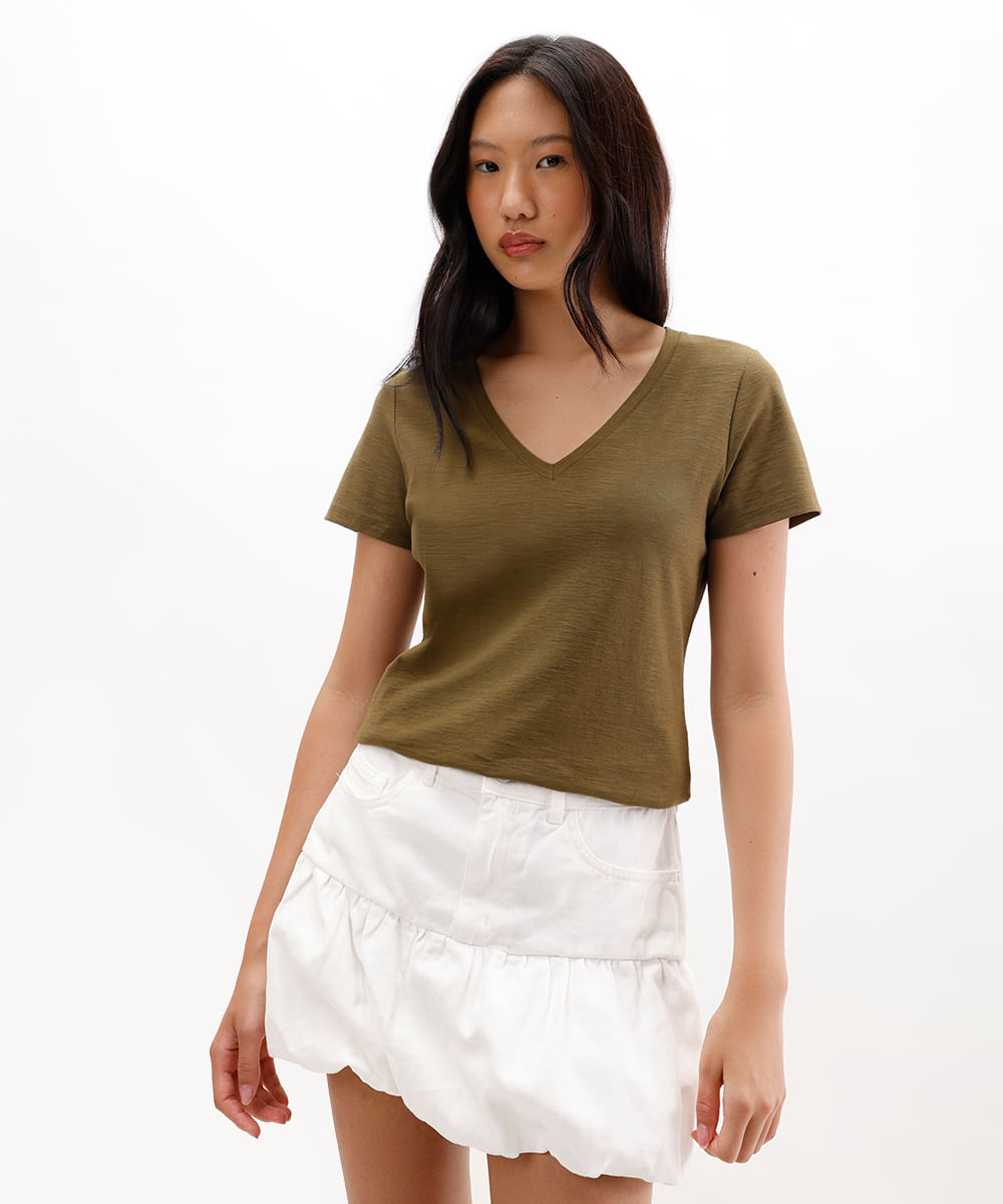 blusa básica manga curta decote v verde
