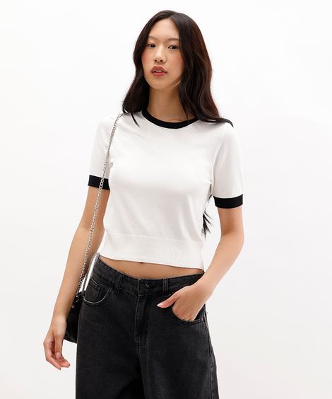 blusa feminina de tricot com tachas bicolor off white