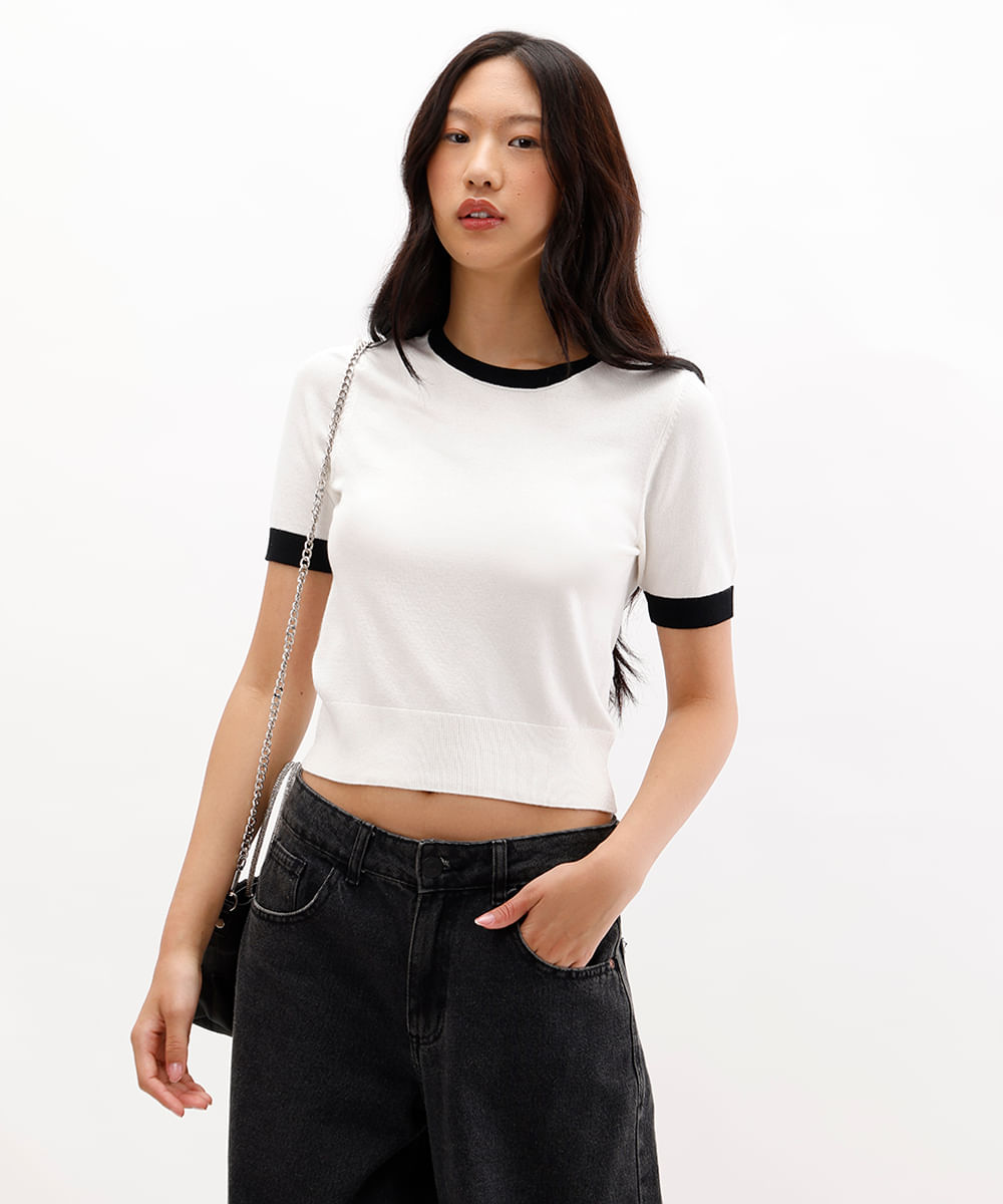 blusa feminina de tricot com tachas bicolor off white