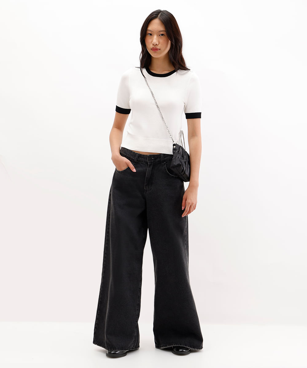 blusa feminina de tricot com tachas bicolor off white